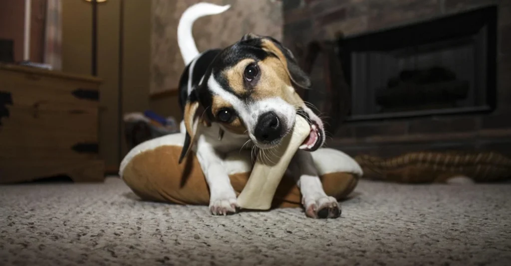 dog chewing natural bone treat at home showing typical dog snack and pet treat choice