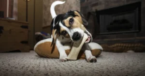 dog chewing natural bone treat at home showing typical dog snack and pet treat choice