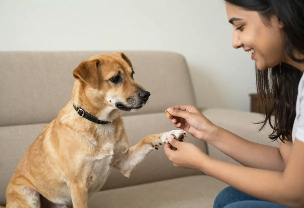 Pet parent practicing dog training at home, rewarding dog with treats for good behavior, highlighting the best training treats for dogs