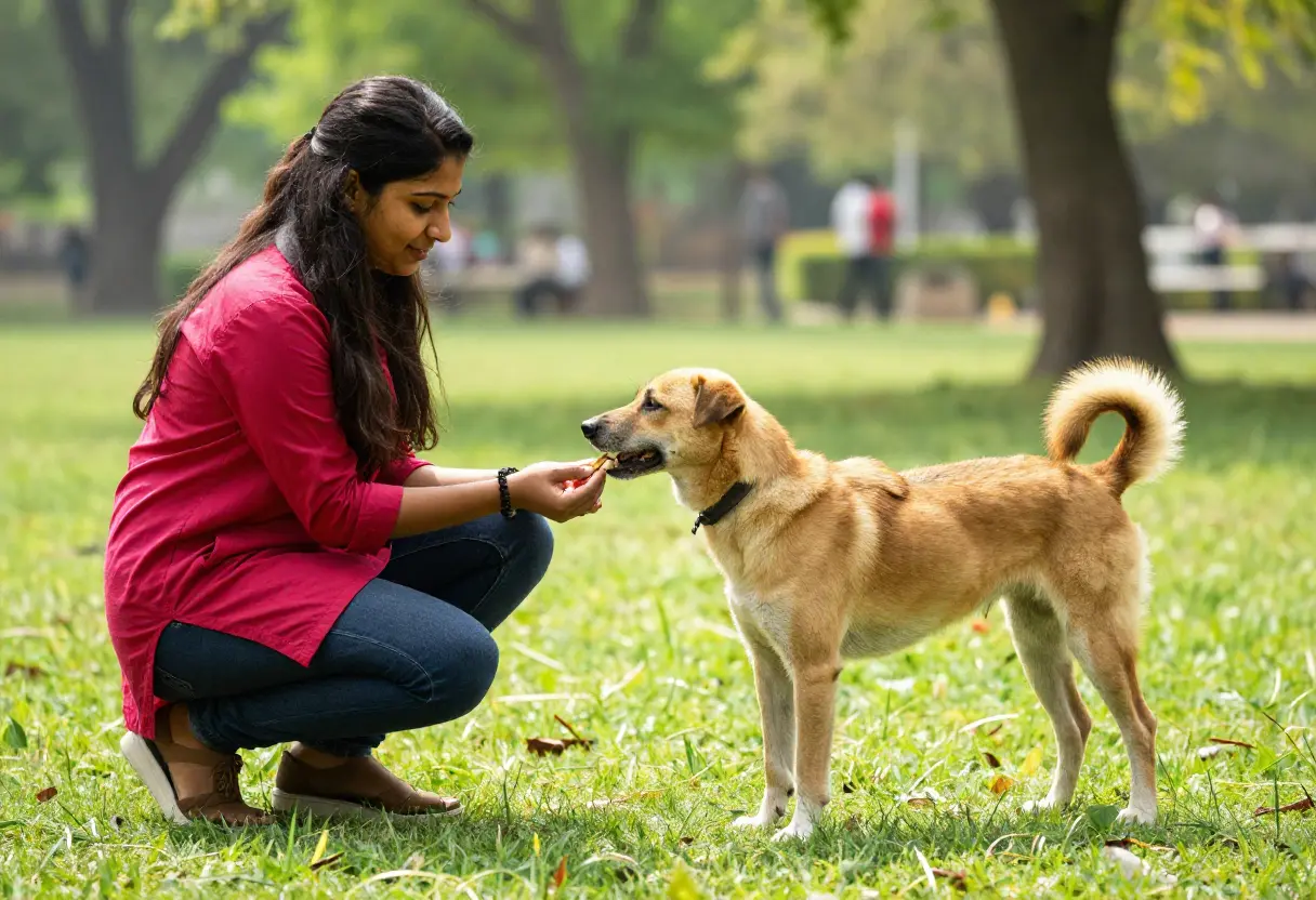 Woman training an Indian dog in a park using the best training treats for dogs, highlighting dog training, dog treats, and proper dog nutrition